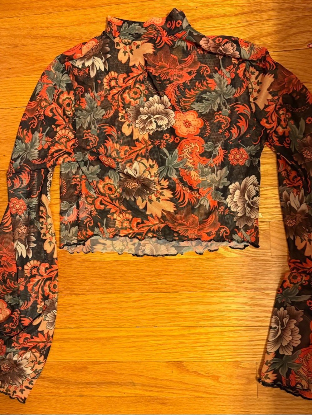 Floral Sheer Long-Sleeve Crop Top - Black & Coral